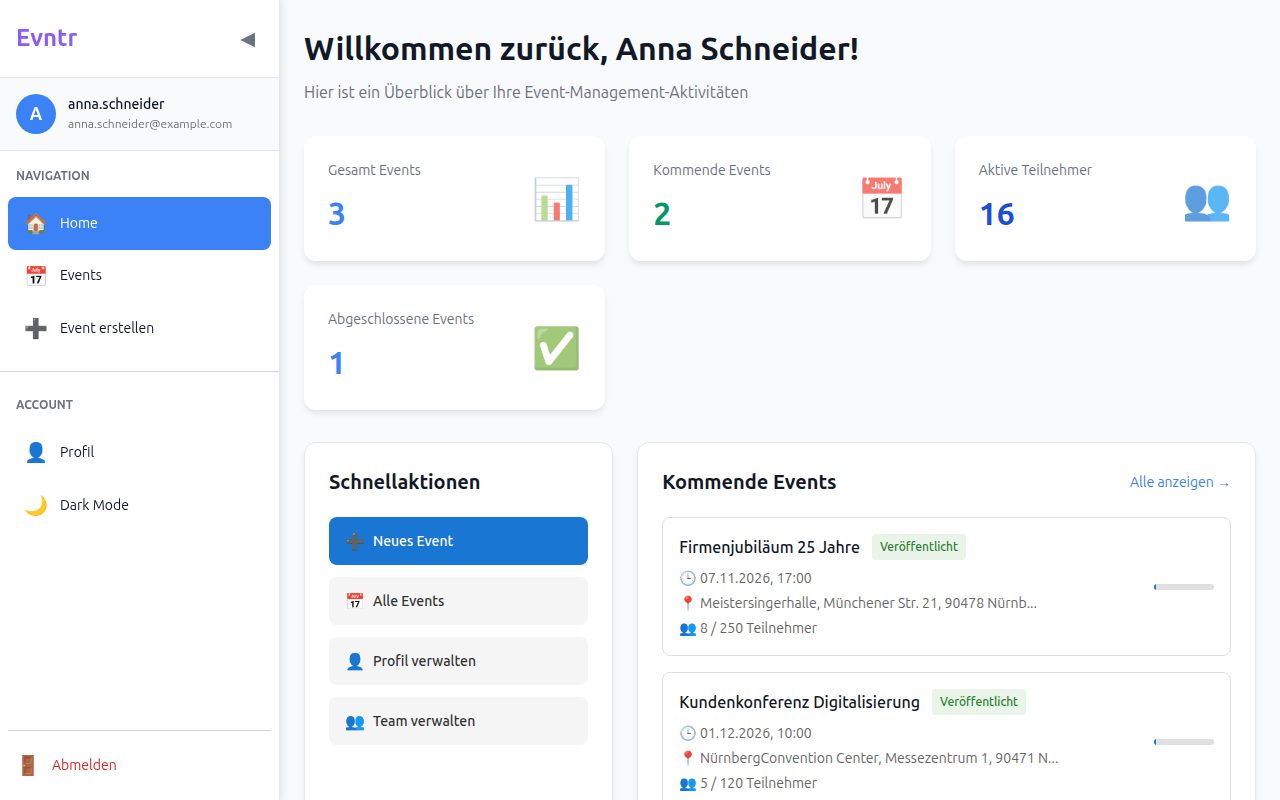 Evntr dashboard with key figures and upcoming events