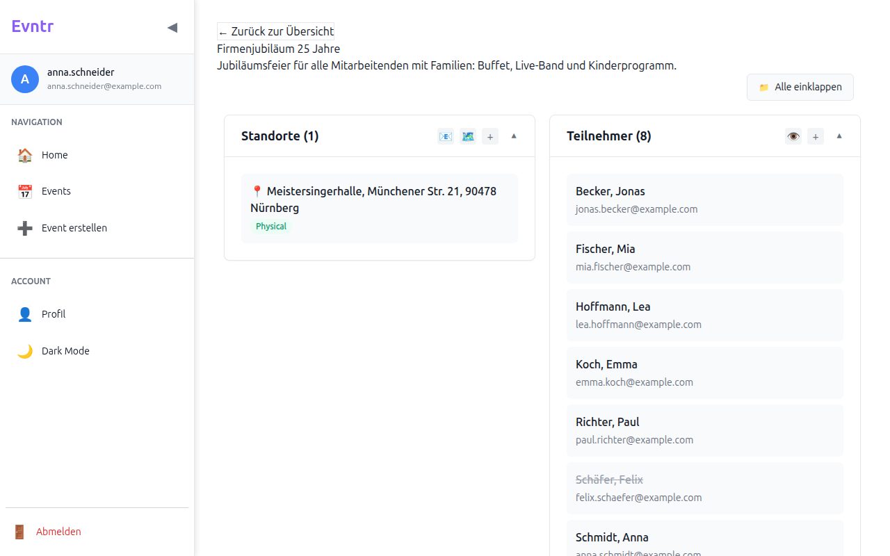 Event view with location and attendee list